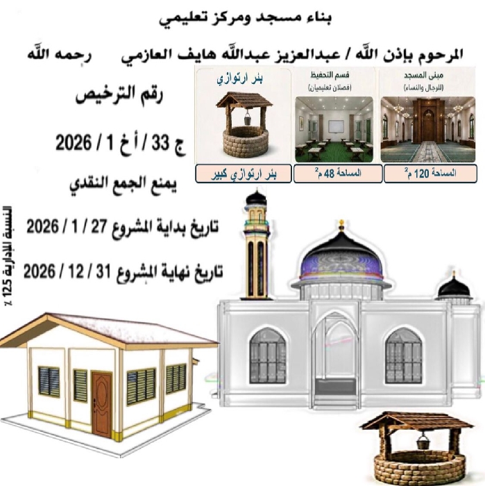 صورة مشروع بناء مسجد ومركز تعليمي وبئر ارتوازي للمرحوم بإذن الله تعالى/ عبدالعزيز عبدالله هايف العازمي    رحمه الله